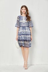 High End Blue White Porcelain Printed Horn Sleeve 3 Layer Cake Dress Silk Large Pendulum Dress